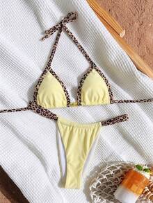 Elavelle Conjunto de bikini halter con estampado aleatorio para mujer, primavera/verano - Multicolor - Ver 2