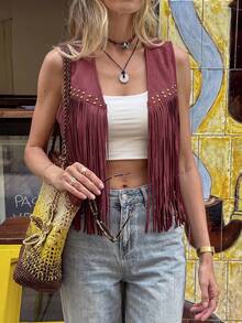 Brillora Fringe Trim Open Front Vest Summer Jacket In Fall/Winter - Burgundy - View 1