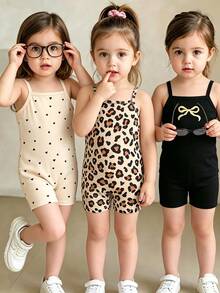SHEIN 2026新款三件套连体衣，适合小女孩和幼儿，针织面料，黑色爱心印花+杏色蝴蝶结印花+豹纹印花，可爱时尚，柔软舒适，适合日常、上学、度假、派对、情人节、春季、夏季、秋季穿着。 - 彩色 - 查看 1