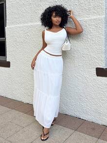 Alexandranx Ruffle Skirt Boho Long Skirt Break Solid Frill Trim Ruffle Hem Skirt White - White - View 2