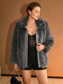 MOTF PREMIUM PLUS SIZE WOMEN'S FAUX FUR & LEATHER PATCHWORK BELTED COAT, AUTUMN/WINTER - Dark Grey - View 5