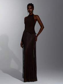 Elitara Elegant Black Stretch Fabric V-Neck Tassel Decor Bustier Mermaid Skirt Party Evening Gala Dinner Vow Dress Wedding Guest Bachelorette Formal Winter - Coffee Brown - View 5