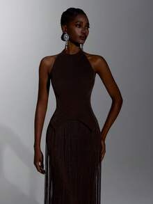 Elitara Elegant Black Stretch Fabric V-Neck Tassel Decor Bustier Mermaid Skirt Party Evening Gala Dinner Vow Dress Wedding Guest Bachelorette Formal Winter - Coffee Brown - View 6