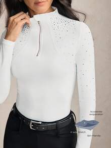 Activina 女款水鑽裝飾修身馬術上衣休閒時尚優雅騎行運動衫 白色前開半拉鍊立領水晶長袖 - 白色 - 查看 9