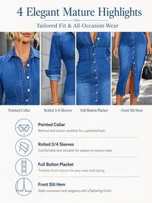 SHEIN Tall Gaun Denim Kasual Wanita dengan Kancing Depan, Pas Badan, untuk Wanita Tinggi - Biru - View 6