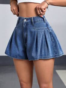 SHEIN PETITE Women's High Waist Pleated Casual Loose Denim Shorts ,Petite Women - Blue - View 5