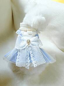 PETSIN 1pc Cat And Dog Universal Clothing, Pearl Lace Collar Princess Style Cat And Dog Dress, Suitable For Pet Birthday Parties, Owner Wedding Matching Outfits, Light Luxury Socialite Style Pet Photos - Blue - View 10