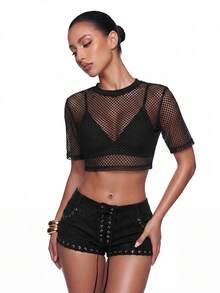 SHEIN ICON Top De Malla Sólida Corto Y2k Sin Sostén - Negro - Ver 6