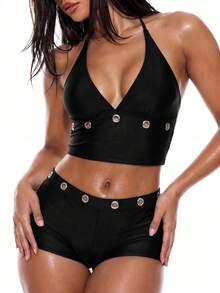 Oceva Women's Summer Beach Halter Neck Tankini Set With Fish Eye Design - Black - View 4