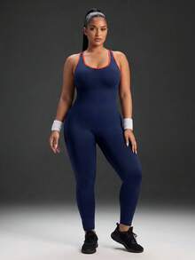 Powerista Women's Plus Size Letter Print Colorblock Casual Daily Travel Sports Jumpsuit - Blue - View 4