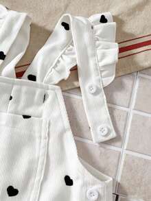 SHEIN Vintaside Kids 1件女嬰休閒可愛粉色愛心吊帶連身褲，適合外出與派對，燈芯絨面料 - 黑與白 - 查看 3
