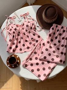 SHEIN EZwear 两件套休闲简约夏季多巴胺波点吊带背心和长裤套装，适合夏季、度假季，波点印花，杜卡迪波点，粉棕色波点。适合度假、旅行、派对、音乐节、返校季、毕业季。 - 彩色 - 查看 3