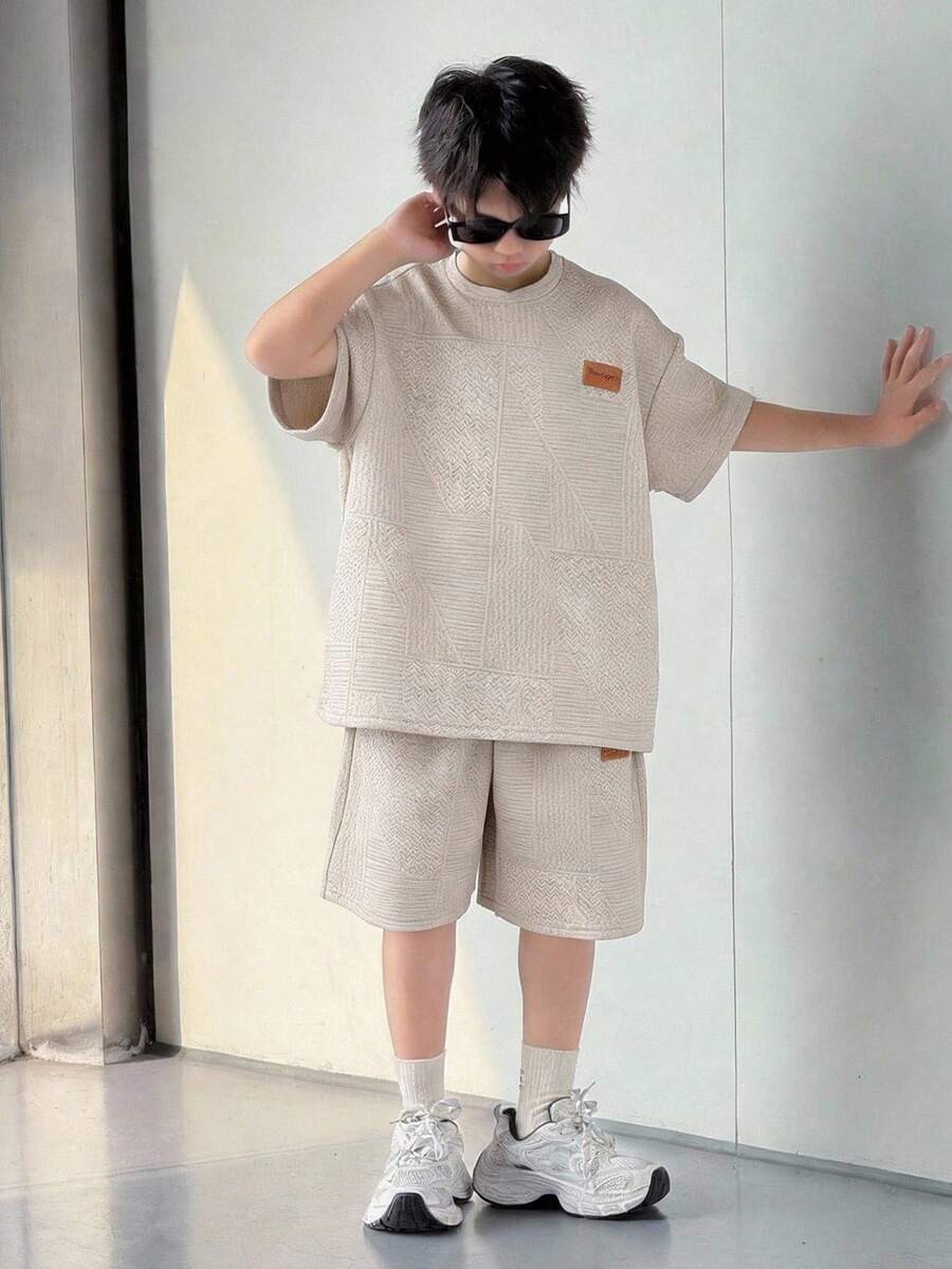SHEIN Little Byeori 2件套儿童/青少年男童休闲日常舒适贴布图案圆领短袖T恤和短裤针织两件套