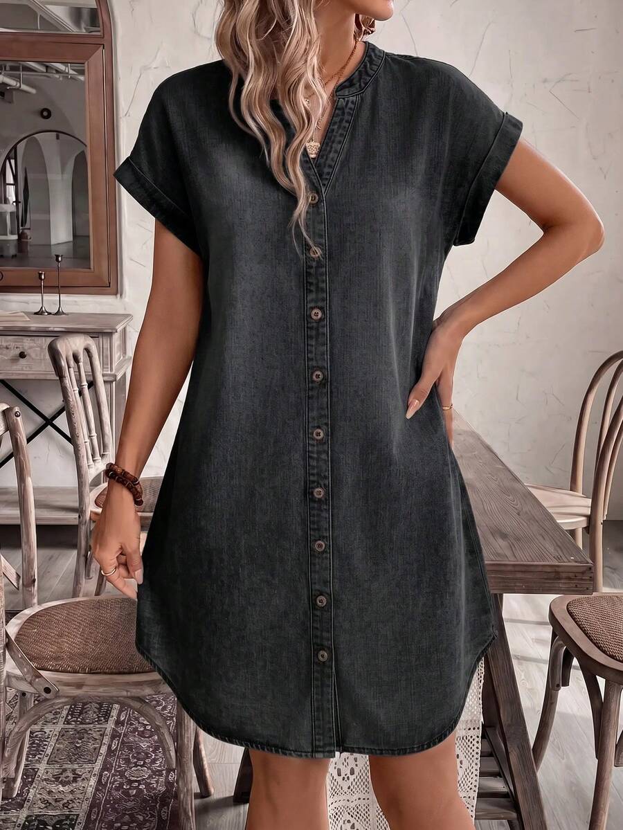 EMERY ROSE EMERY ROSE Vestido de mezclilla casual de verano con botones delanteros para mujer - Negro - Ver 1