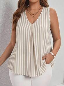 Comfylo Casual Versatile Daily Plus Size Contrast Color Striped Pattern V-Neck Pleated Tank Top, Spring/Summer - Multicolor - View 1