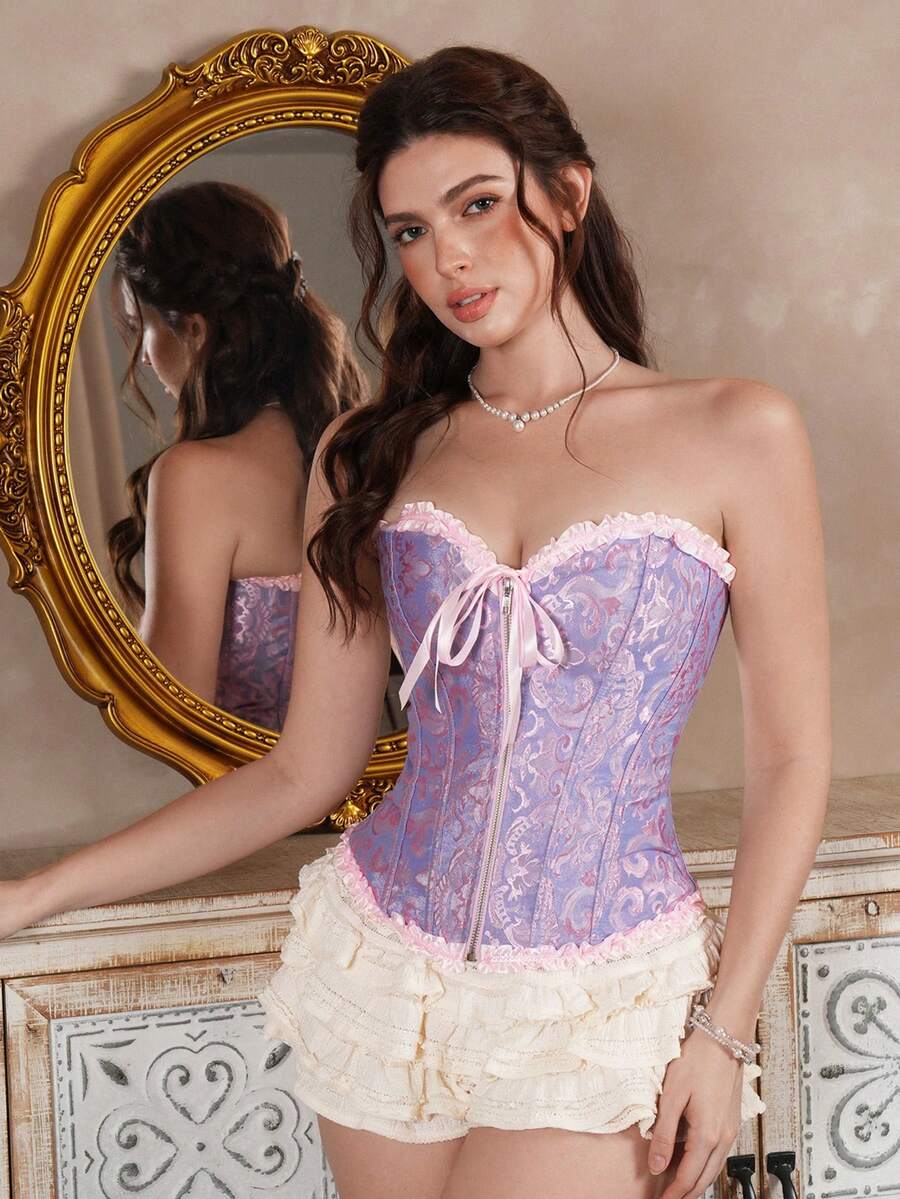 Myrelith 1pc Vintage Romantic Jacquard Fishbone Corset Top - Multicolor - View 1