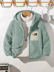 SHEIN 兒童 1件 小男孩休閒時尚連帽抓絨外套，適合日常穿著、上學、旅行、運動，秋冬季 - 綠色 - 查看 1