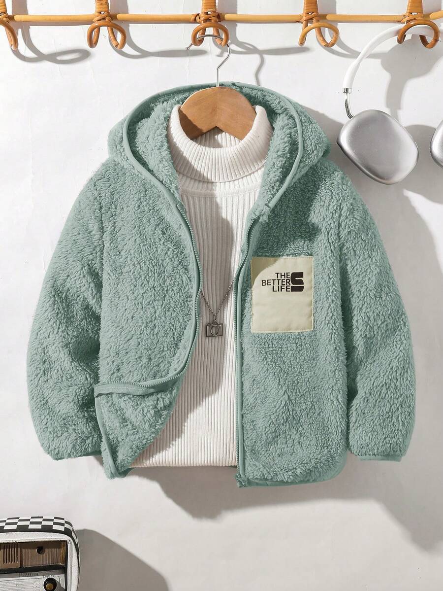 SHEIN 兒童 1件 小男孩休閒時尚連帽抓絨外套,適合日常穿著、上學、旅行、運動,秋冬季 - 綠色 - 查看 1