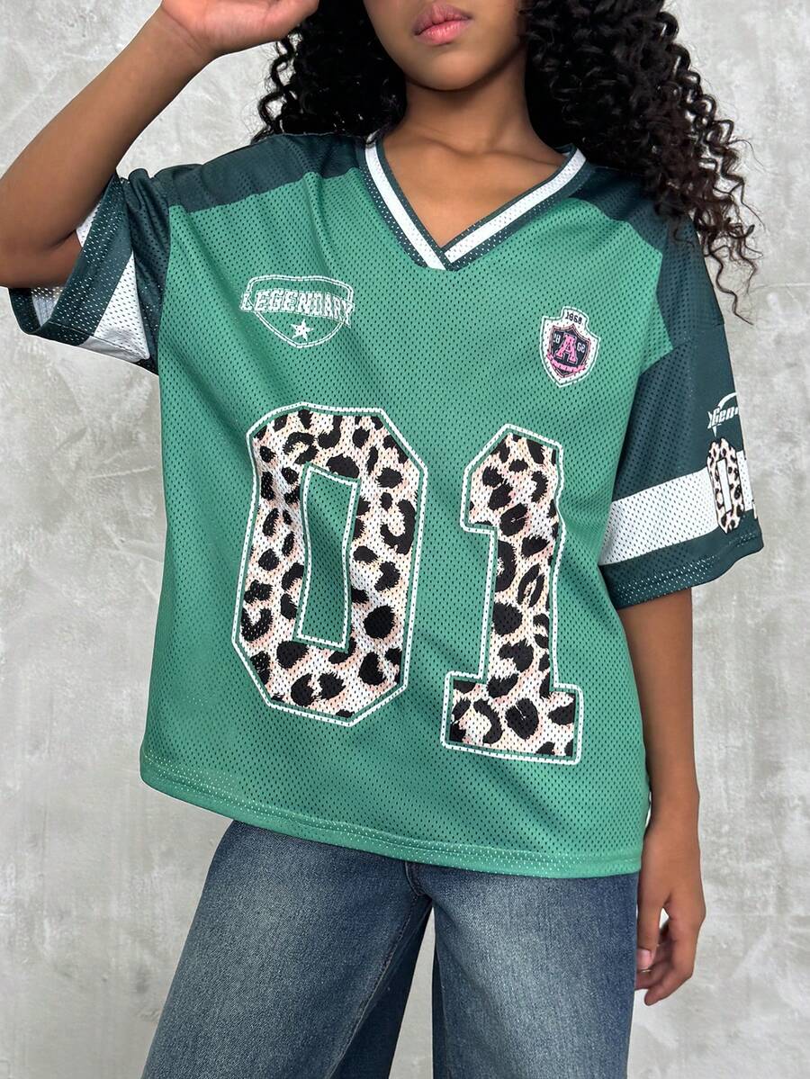 Tween Girls' Summer Streetwear Y2K Leopard Print Number Graphic Football Jersey V-Neck Pink T-Shirt - Green - View 1