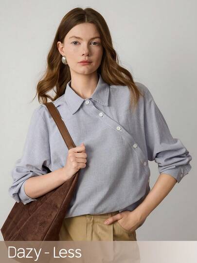 Dazy-Less Summer Autumn Women's Loose Fit Long Sleeve Button-Down Collared Shirt, Light Blue Solid Color Casual Minimalist Cotton Versatile Blouse