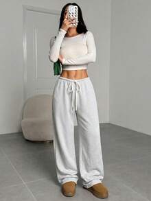 SHEIN EZwear 灰色針織女款抽繩腰鬆身長褲休閒運動褲 - 淺灰色 - 查看 7