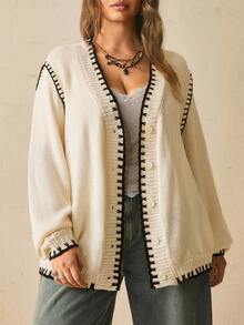 SHEIN VCAY Plus Size Women's Contrast Color Single-Breasted Long Sleeve Knit Top Autumn Graduation Evening Formal Smart Baggy Black And White Casual - Black and White - View 2