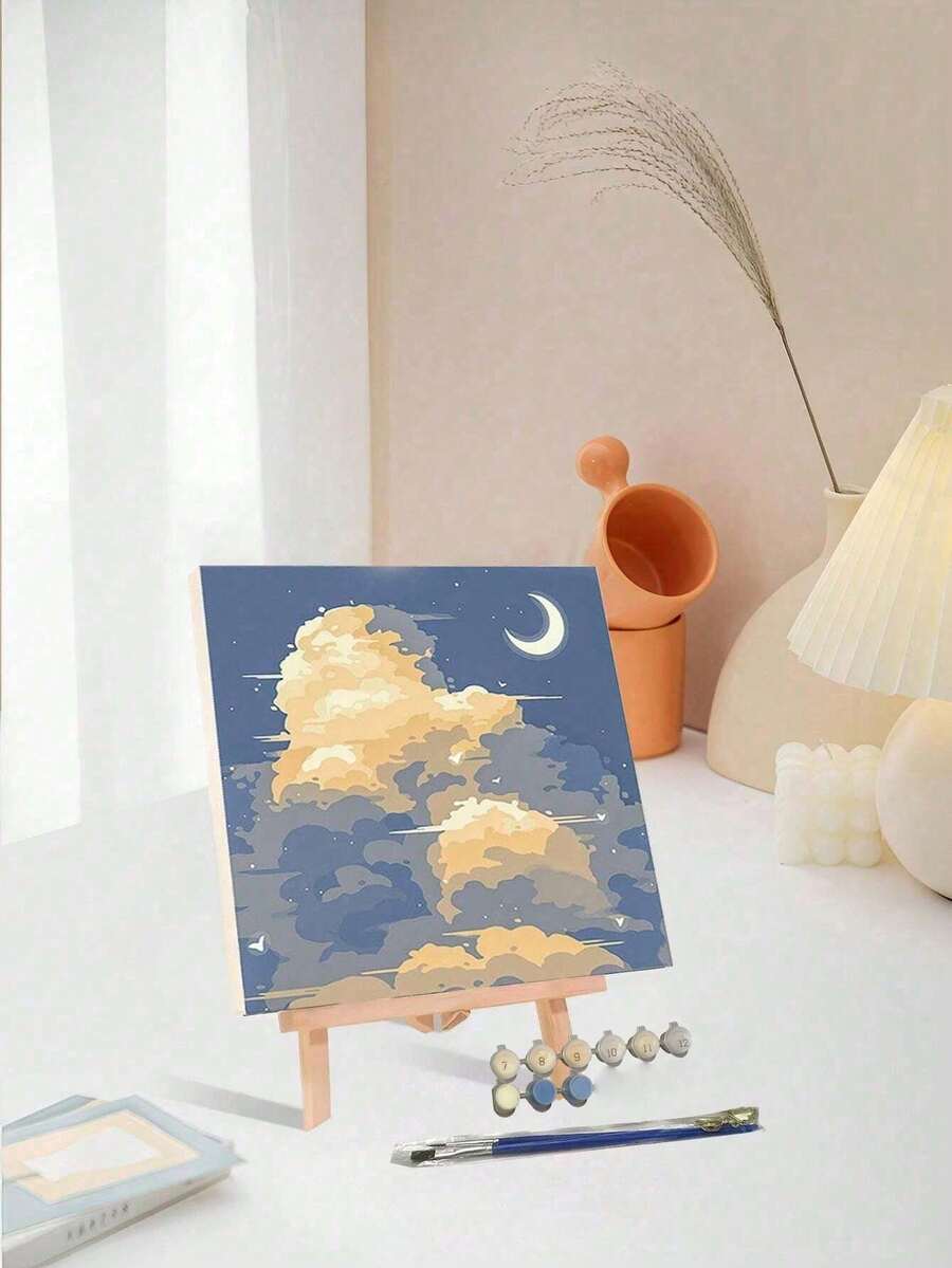 1 件成人初学者数字油画套装,柔软云彩和新月,20 宽 x 20 长或 30 宽 x 30 长帆布画,绘画油画,带 2 支画笔,丙烯颜料花卉和风景,DIY 绘画,家居墙壁装饰圣诞节,可作为节日礼物 - 彩色 - 查看 1