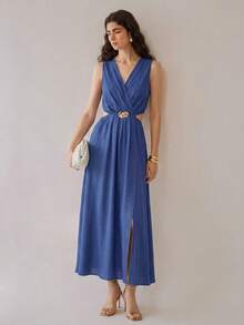 SHEIN Women's Sleeveless Long Dress With Metal Waist Decoration And Cutout Design - Blue - View 8