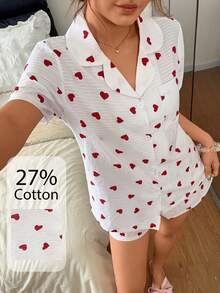 Napfluff 女款愛心對比色開襟家居服套裝 - 紅色 - 查看 5