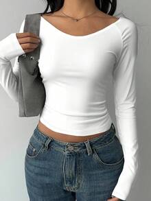 SHEIN BASICS 女士休闲深V领修身长袖T恤，适合秋冬季，95%纯棉 - 白色 - 查看 5