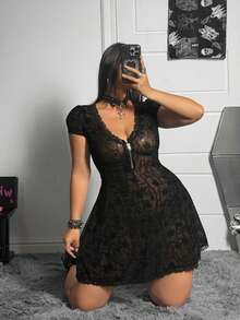 Whyspr Fashionable Dark Sheer Waist Cinching Elastic Round Neck Flocked Dress - Black - View 5