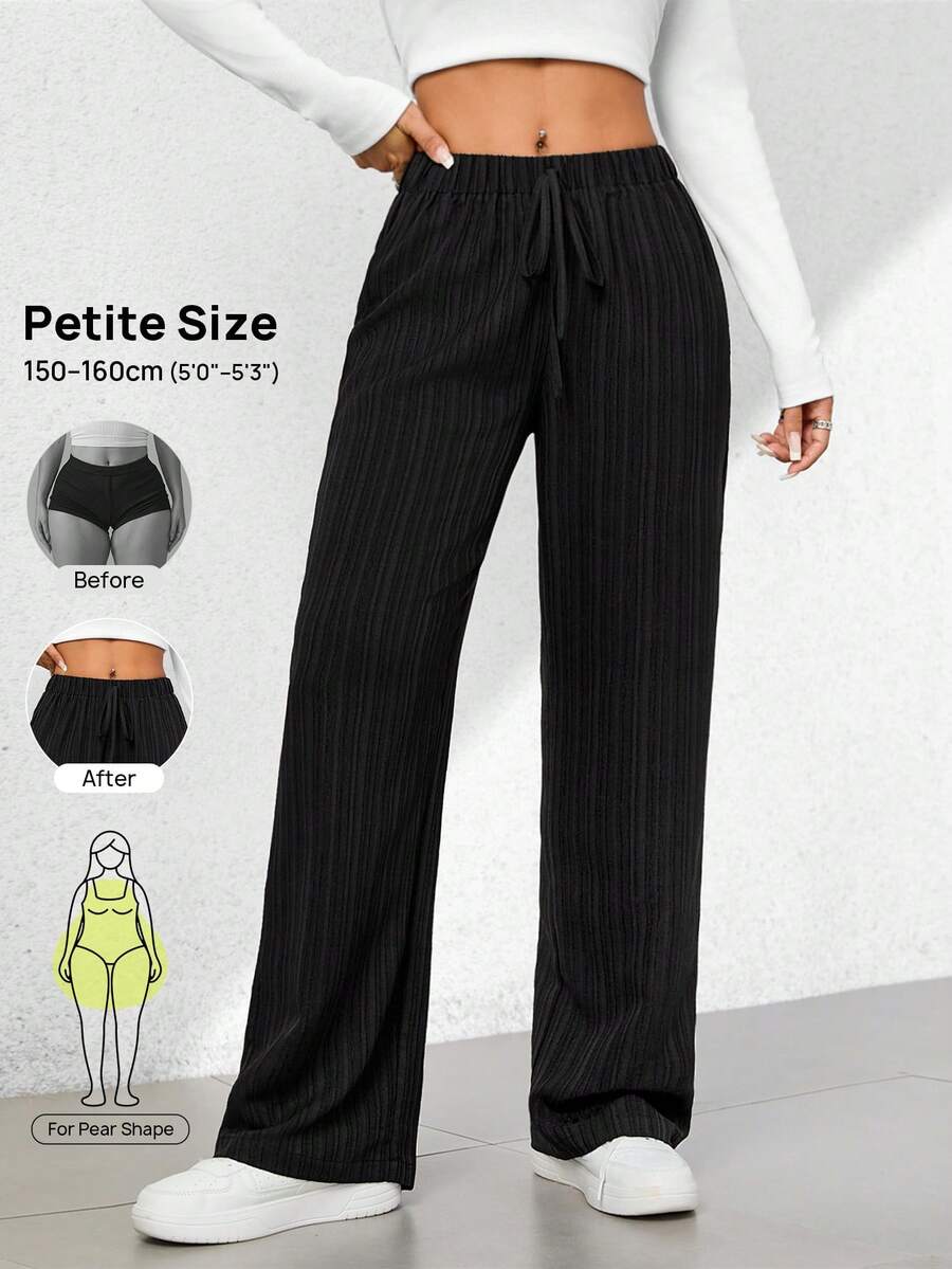 Vivamere Summer Casual Textured Wide-Leg Capri Pants ,Petite Women - Black - View 1