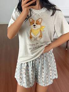 Livesso Happy Puppy Pattern Lace Patchwork Short Sleeve T-Shirt & Puppy All-Over Print Short Pajama Pants 2pcs Set, Summer Wear Women's Pajama Set - Grey - View 5