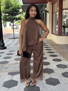Alexandranx 女款咖啡棕優雅兩件式夏季套裝，緞面蕾絲飾邊掛脖不對稱無袖上衣與寬腿帕拉佐長褲套裝，適合早午餐穿著 - 巧克力棕 - 查看 4
