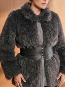 MOTF PREMIUM PLUS SIZE WOMEN'S FAUX FUR & LEATHER PATCHWORK BELTED COAT, AUTUMN/WINTER - Dark Grey - View 1