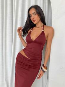 Firerie Women's Elegant Spring/Summer Sexy Holiday Party Night Music Festival Vacation V-Neck Metal Decor Halter Backless Waist Cutout Burgundy Red Long Dress - Burgundy - View 8