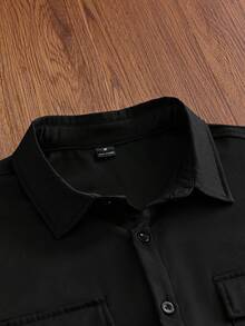 NORVETH Camisa de manga corta con cremallera y bolsillo utilitario de color liso para hombres - Negro - Ver 5