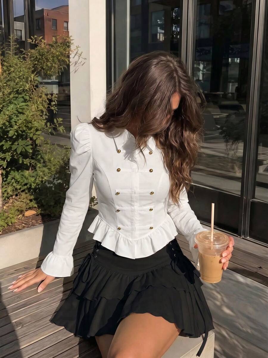 SHEIN MOD 女款純色泡泡長袖鈕扣設計休閒襯衫 - 白色 - 查看 1