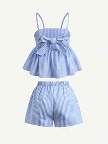 SHEIN 兒童青少年女孩夏季休閒度假藍色條紋後背蝴蝶結裝飾細肩帶上衣與寬鬆短褲套裝 - 藍色 - 查看 3
