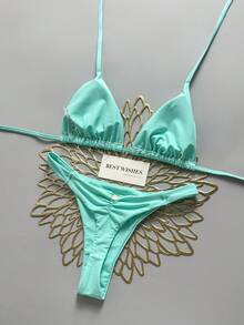 Swim Vcay Traje de baño de dos piezas con escote halter y copa triangular para vacaciones de playa en primavera/verano - Agua verde azul - Ver 2