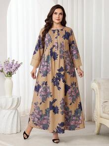 Al Najma 大尺碼女款花卉印花阿拉伯風洋裝 - 卡其色 - 查看 6
