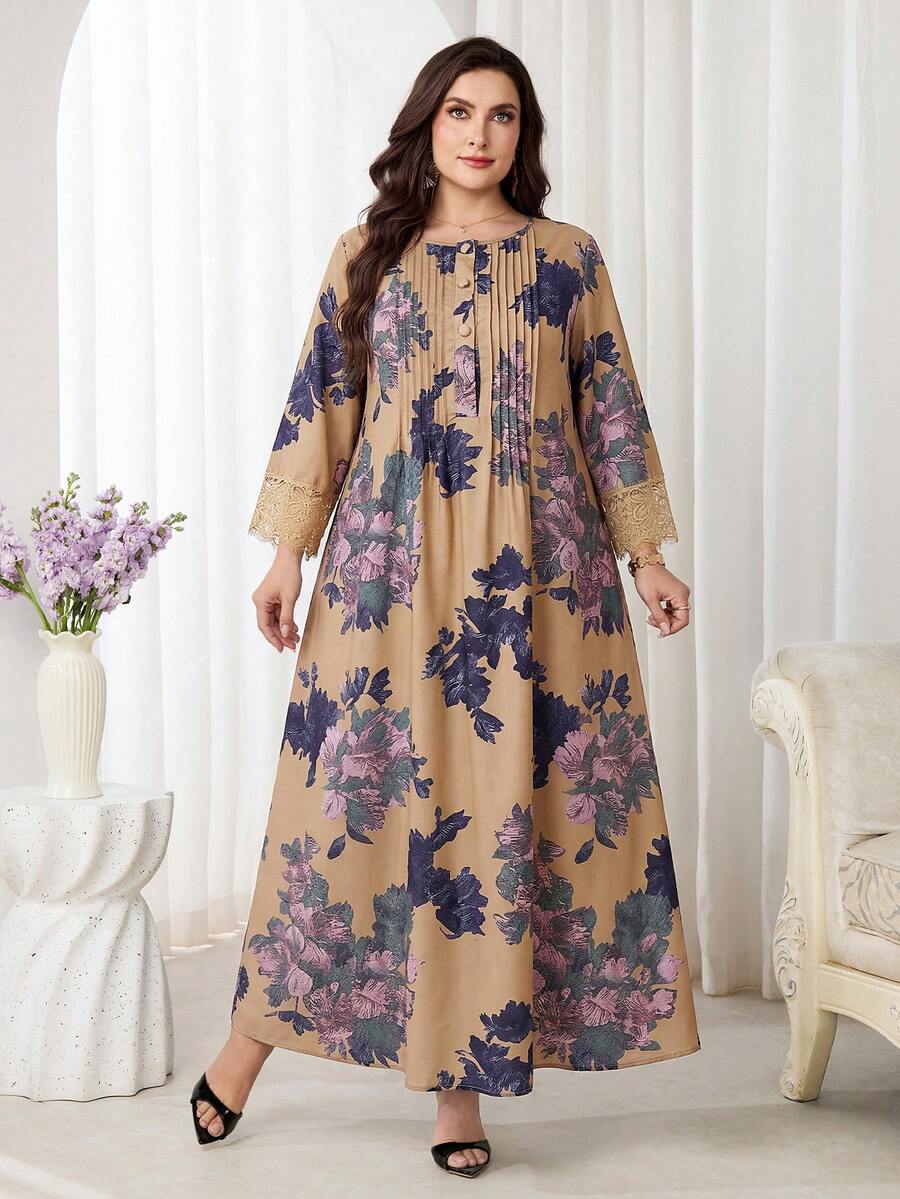 Al Najma 大尺碼女款駱駝色阿拉伯風洋裝,埃及度假杜拜秋季端莊Ninang泰國摩洛哥風 - 卡其色 - 查看 1