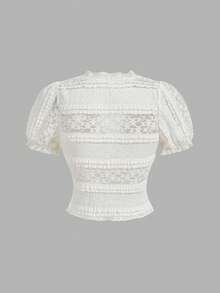 Skyraze Women's Contrast Lace V-Neck Short Petal Sleeve T-Shirt Vacation Cream White Summer Fairycore - Apricot - View 5