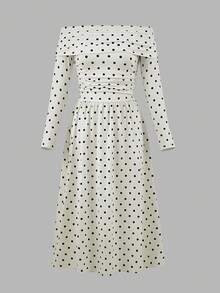 Tween Girl) Dress, Off-Shoulder, Polka Dot, Black White Polka Dot, Elegant, Casual, Vacation Party Autumn - Apricot - View 3