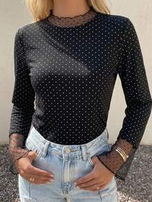 FRIFUL Solid Color Patchwork Sheer Polka Dot Mesh Fabric Loose Casual Versatile T-Shirt Long Sleeve - Black - View 7