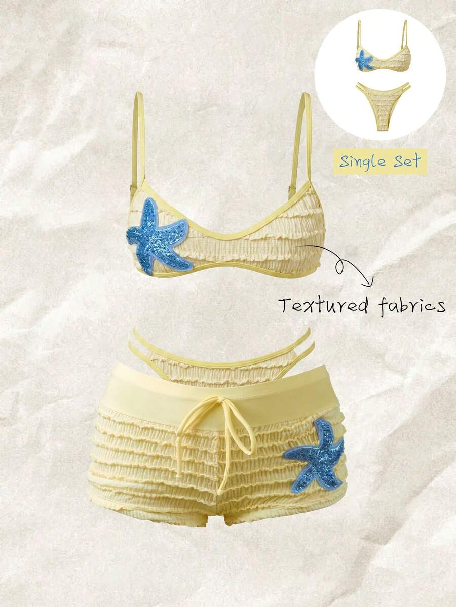 Elavelle Women's Spring/Summer Jacquard Fabric Spaghetti Strap Bikini Set - White - View 1