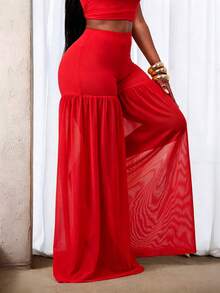 BamGleam Women's Solid Color Elastic Waist Wide Leg Mesh Sheer Long Pants - Red - View 5