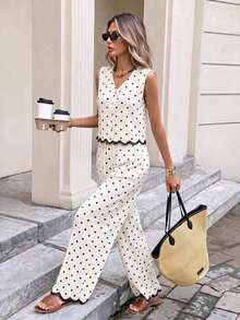 Serisse Women's Polka Dot Black And White Pattern Button Placket V-Neck Vest And Pants Set Vacation Summer Casual - Green - View 14