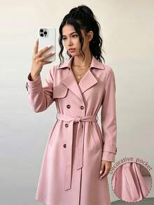 SHEIN معطف ترنش خريفي أنيق للفتيات المراهقات، وردي، بياقة عريضة وأكمام بحمالات، مزدوج الصدر مع حزام للخصر، بقصة ضيقة، ستايل Napoleon Katseye، ملابس تنقل للخريف - وردي مغبر - مشاهدة 3