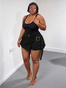 CurvyTilda 大尺碼女款扣環設計時尚牛仔工裝裙褲休閒夏季款 - 深灰色 - 查看 3